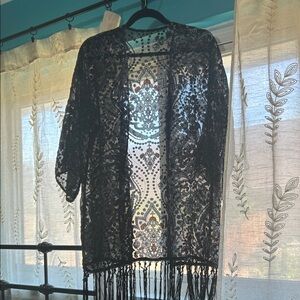 Chic Blue and brown Lace kimono with Fringe one size